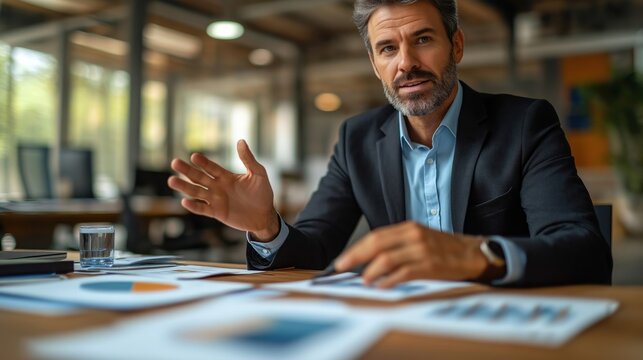 Businessman leads strategy meeting. Executive discusses company growth plans. Guides discussion with colleagues. Open office environment. Documents, charts on table. Business professional