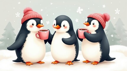 Fototapeta premium Penguin day celebration with friends winter wonderland digital art cozy environment cheerful viewpoint