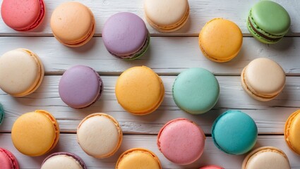 Obraz premium Vibrant macarons displayed on rustic wooden surface