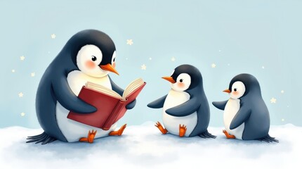 Fototapeta premium Penguin day celebration adorable penguins reading together in a snowy wonderland whimsical illustration