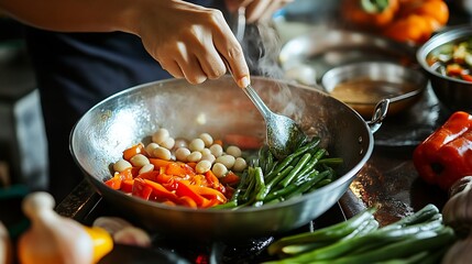 Adding cow pea vegetable in tamarind soup thai food preparation