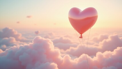 Fototapeta premium A glossy heart floats like a balloon amidst pastel clouds, symbolizing joy and love’s uplifting nature. Golden sunlight and a dreamy horizon enhance this whimsical, serene scene.
