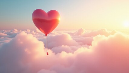 Fototapeta premium A glossy heart floats like a balloon amidst pastel clouds, symbolizing joy and love’s uplifting nature. Golden sunlight and a dreamy horizon enhance this whimsical, serene scene.