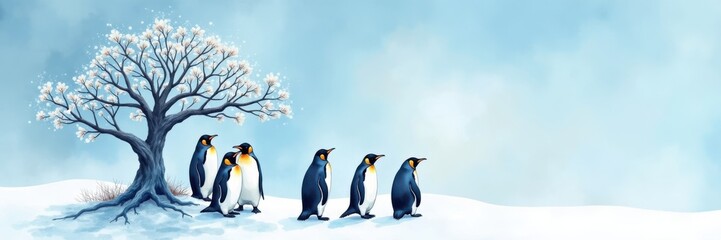 Fototapeta premium Celebrating penguin day a group of penguins in a snowy landscape whimsical art winter wonderland charming concept