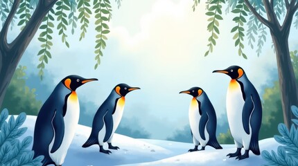 Fototapeta premium Celebrating penguin day with a gathering of penguins in a snowy forest clearing