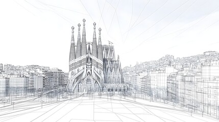 Fototapeta premium 3D wireframe vector illustration of Barcelona city featuring the Sagrada Familia. concepts like architectural visualization, cultural heritage, urban design, tourism and artistic representat