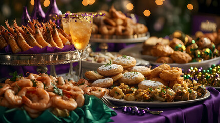 A Delicious Mardi Gras Feast: Shrimp, Beignets, and Festive Cocktails