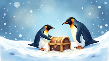 Obraz premium Penguin day celebration snowy landscape cartoon art winter wonderland fun concept