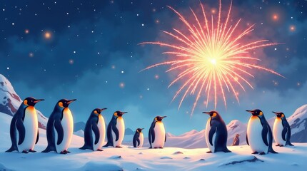 Penguin day celebration with fireworks antarctic landscape digital art magical nighttime view