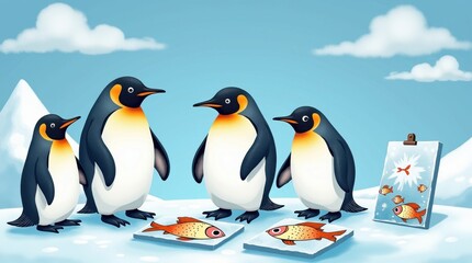 Obraz premium Penguin day celebration playful penguins antarctic landscape digital art cheerful environment whimsical viewpoint
