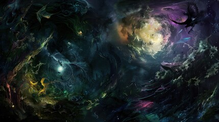 a stunning abstract painting featuring mythical creatures and enchanted scenery, No bowls, white space in the center of the page for text