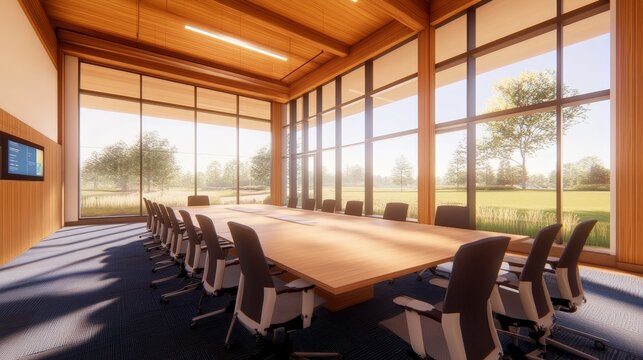 Modern conference room with large windows and a spacious table for meetings.