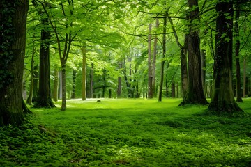 Fototapeta premium a natural landscape with dense forest with large trees and different botanical diversities in daylight