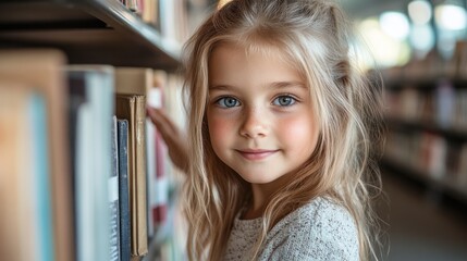 Fototapeta premium Adorable girl with blue eyes looking at books in library.