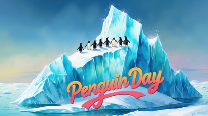 Celebrating penguin day a fun gathering of penguins on an icy mountain in a vibrant arctic setting