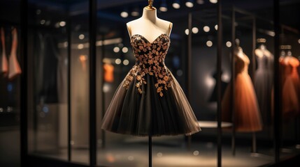 A photo of a cocktail dress on a display rack