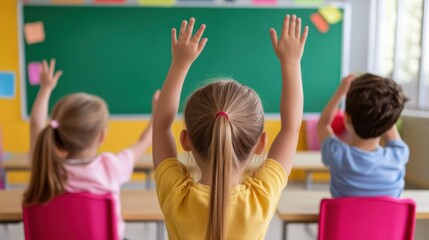 Bright classroom scene where enthusiastic children raise their hands eagerly, surrounded by colorful walls, showcasing a lively learning environment.