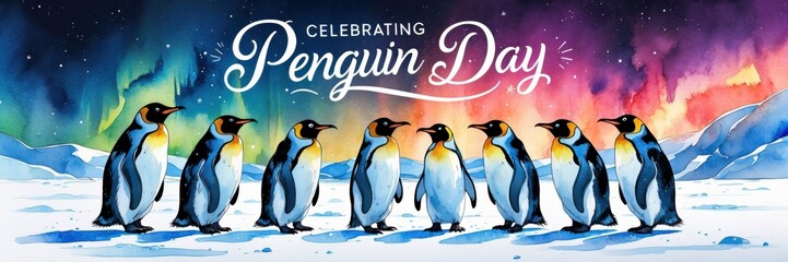 Obraz premium Celebrating penguin day fun activities with penguins in a snowy arctic landscape vibrant colors and joyful atmosphere