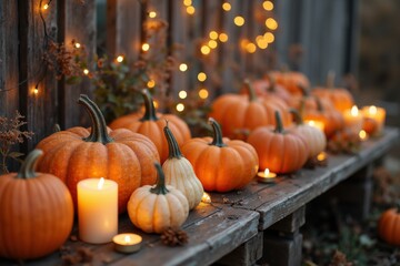 Rustic Autumn Harvest Display with Warm Lighting