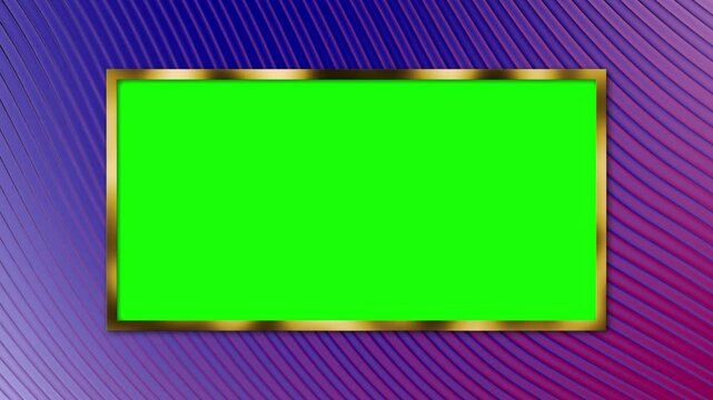 Green screen rectangle with gold frame on purple stripes, suitable for adding custom graphics or text for video projects. 4k