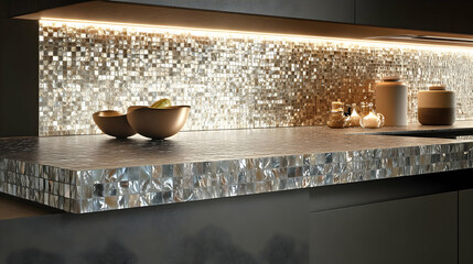 Modern Kitchen with Elegant Gold Mosaic Backsplash and Countertop