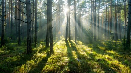 Fototapeta premium a natural landscape with dense forest with large trees and different botanical diversities in daylight