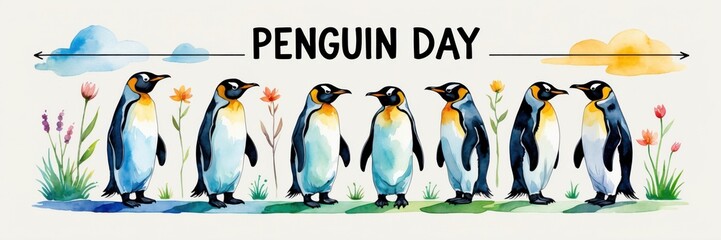 Obraz premium Celebrate penguin day with colorful artwork of penguins in a flowering landscape