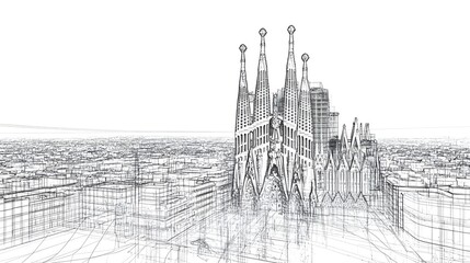 Fototapeta premium 3D wireframe vector illustration of Barcelona city featuring the Sagrada Familia. concepts like architectural visualization, cultural heritage, urban design, tourism and artistic representat