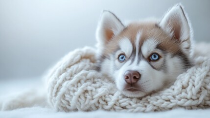 Fototapeta premium Adorable husky puppy with bright blue eyes resting on a cozy white knitted blanket.