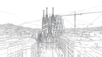 3D wireframe vector illustration of Barcelona city featuring the Sagrada Familia. concepts like architectural visualization, cultural heritage, urban design, tourism and artistic representat