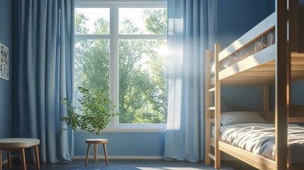A Scandinavian-style room with a window, wooden bunk beds, and blue walls.