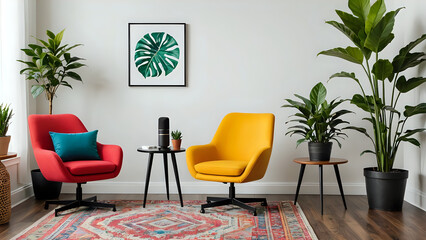 Fototapeta premium Modern living room interior with vibrant red and yellow armchairs, potted plants, and stylish decor. Perfect for home decor, interior design, and lifestyle blogs.