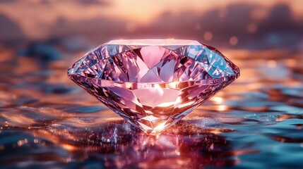 Fototapeta premium A Diamond Sunset Reflection - A sparkling diamond rests on water, reflecting a vibrant sunset. Symbolizing luxury, beauty, purity, value, and aspiration.
