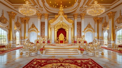 Obraz premium Opulent throne room with gold accents, red carpet, and crystal chandeliers.