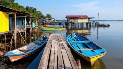 Obraz premium A tranquil fishing village by the water, dotted with colorful boats moored at rustic docks, under a calm blue sky reflecting serenity.