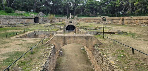 Archaeological site of Carthage with ruins and greenery..