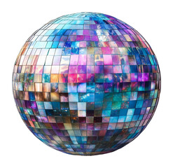 Colorful mosaic sphere, disco ball with vibrant reflections on transparent background
