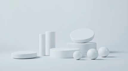 Minimalist white abstract cylinders and spheres on pale blue