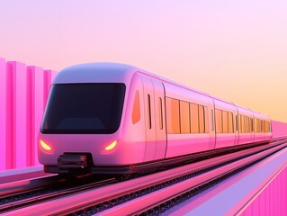 Fototapeta premium A sleek, modern train travels on elevated tracks against a vibrant, pink sunset backdrop, showcasing a futuristic design.