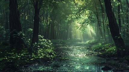 Fototapeta premium a natural landscape with dense forest with large trees and different botanical diversities in daylight