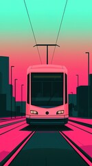A vibrant, stylized illustration of a pink tram on tracks, set against a gradient background of teal and magenta, reflecting a modern urban landscape.