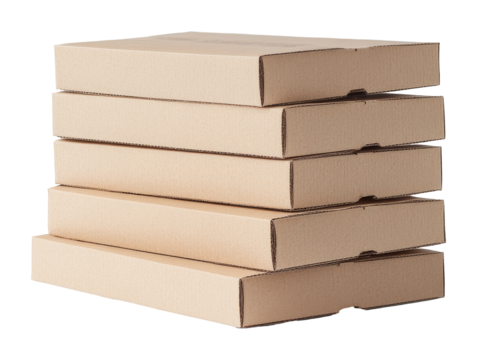 Stack of brown cardboard pizza boxes on transparent background, vertical orientation. Packaging and food delivery concept