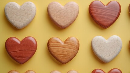 Fototapeta premium A colorful arrangement of heart-shaped wooden and textured cookies on a vibrant yellow background.