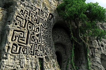 Ancient Stone Carvings Surrounded by Lush Tree Growth on a Cliffside Landscape
