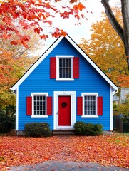 Blue House Autumn Leaves - Charming blue house, red door, autumn leaves, cozy home, fall season.