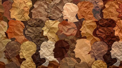Diverse faces in crumpled paper texture.
