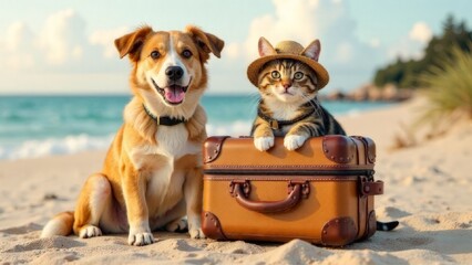 cute dog and funny cat with suitcase prepared for summer vacation time trip adventure, travel with animals