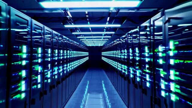 A high-tech data center is depicted in a stock photo with a server room featuring rows of servers, creating a futuristic and technologically advanced atmosphe