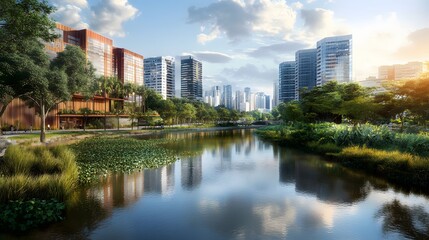 Naklejka premium Urban waterfront scene with modern buildings and lush greenery