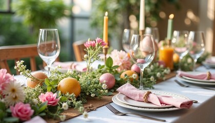 Elegant dining table decorated with flowers, fruits, and candles for a festive occasion